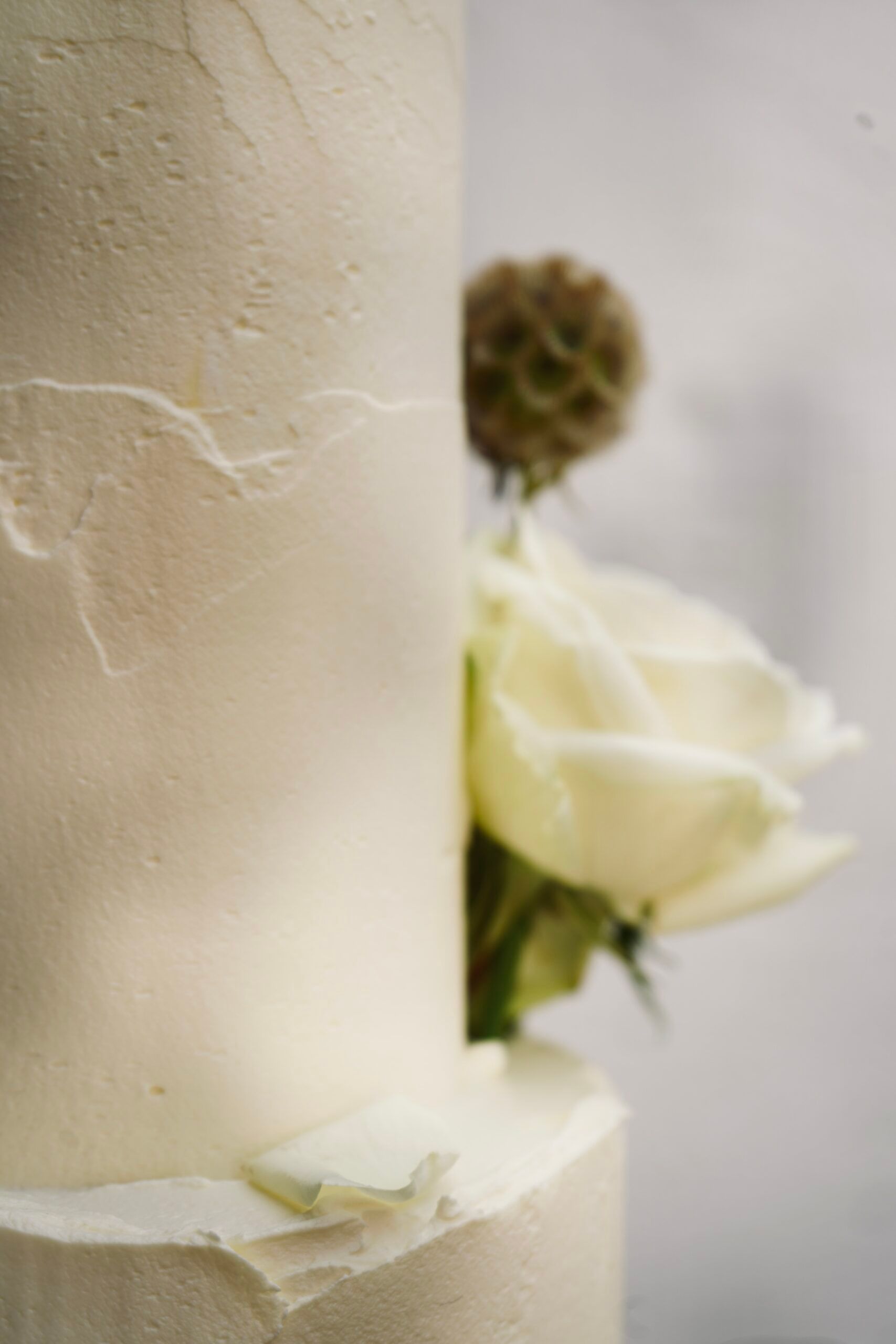 Tiered wedding cake decorated with sugar and fresh roses