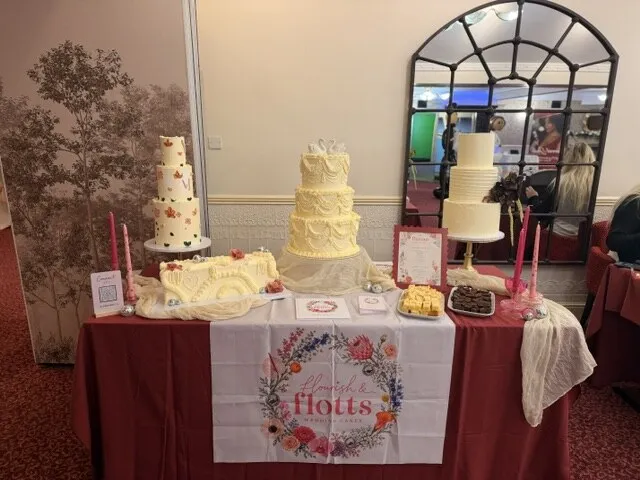 The Flourish &amp; Flotts wedding cake table at Mount Pleasant, with Lambeth-piped cakes, brownies and blondies