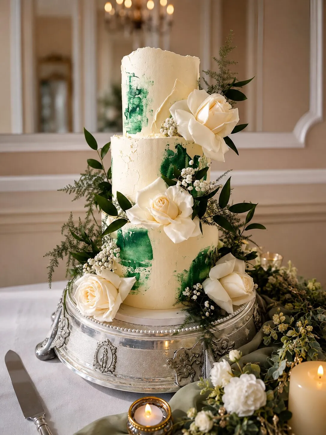 Modern rustic buttercream wedding cake with green brushstrokes and white roses on a silver stand at Ringwood Hall
